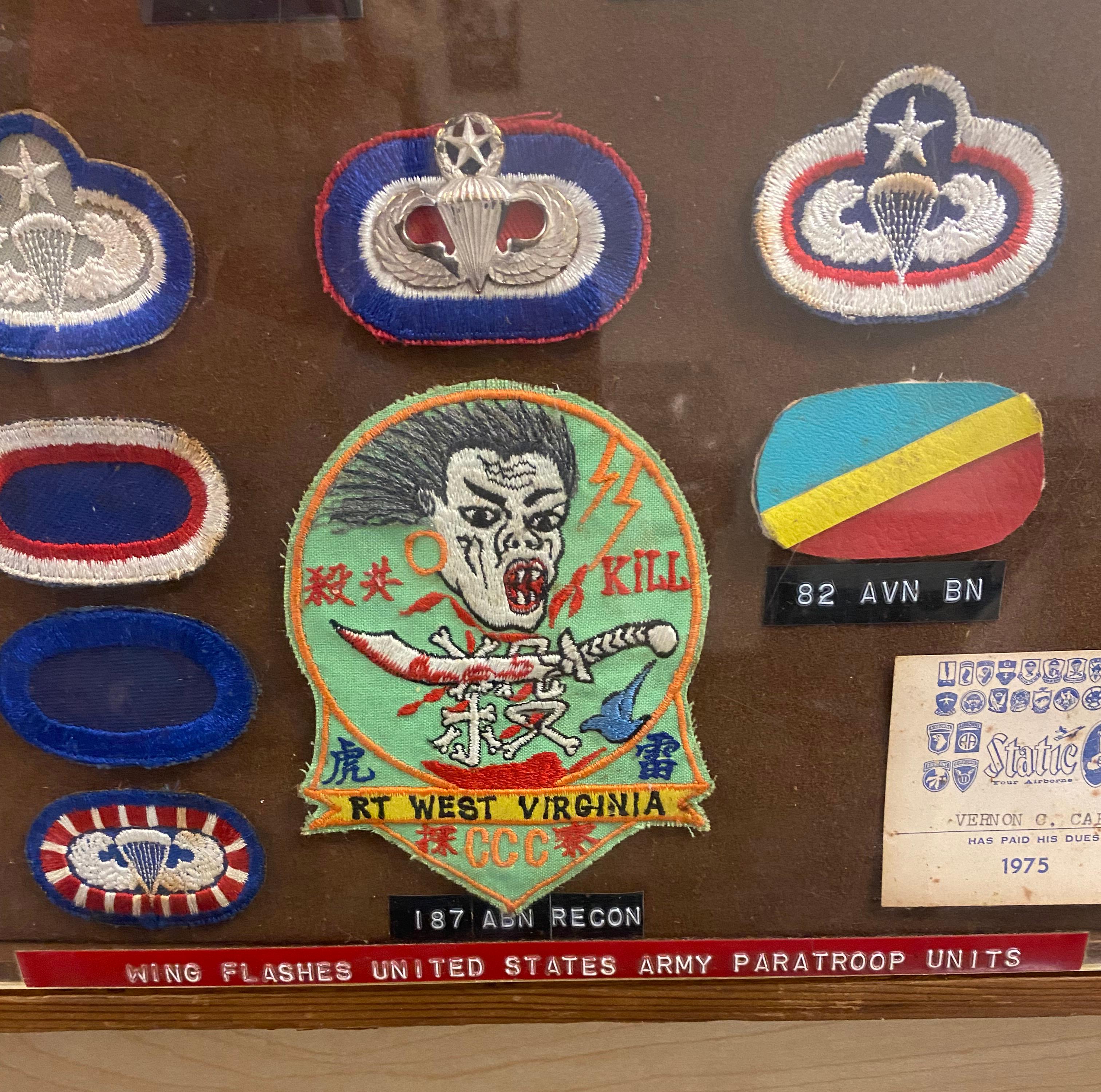 Vet Assembled Display - Wing Flashes US Army Paratroop Unit Patches ft. RARE RT WEST VIRGINIA PATCH