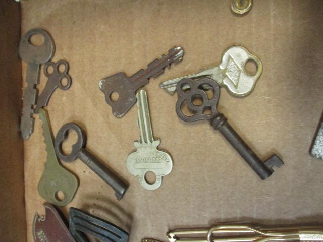 Old Keys and Lock, Mason's Tie Bar, Nesting Metal Shot Glasses, Bank Plague, Arrowheads Etc.