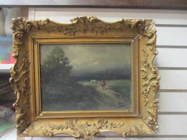 Antique Signed Oil on Canvas Pastoral Scene in Ornate Gilt Frame