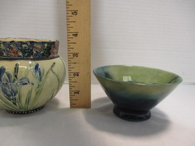Vintage Small Majolica Vase and Moorcroft England Porcelain Finger Bowl
