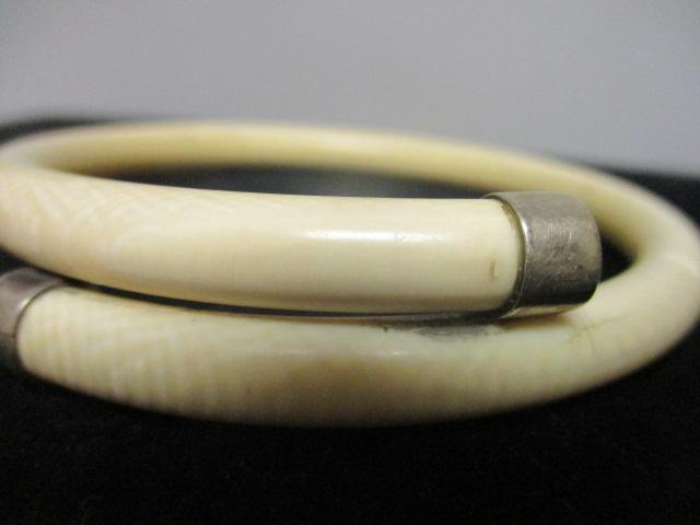 Pre-Ban Ivory Bangle Bracelet w/ Silver Ends