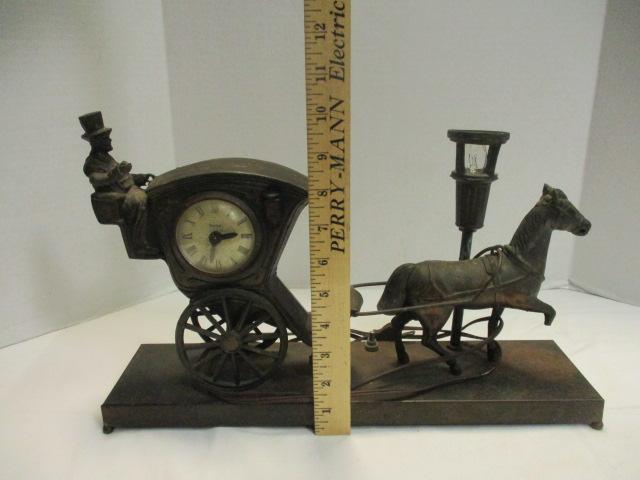 Midcentury United Animated Cast Metal Horse Drawn Carriage Electric TV Lamp Clock