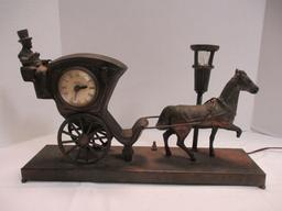 Midcentury United Animated Cast Metal Horse Drawn Carriage Electric TV Lamp Clock