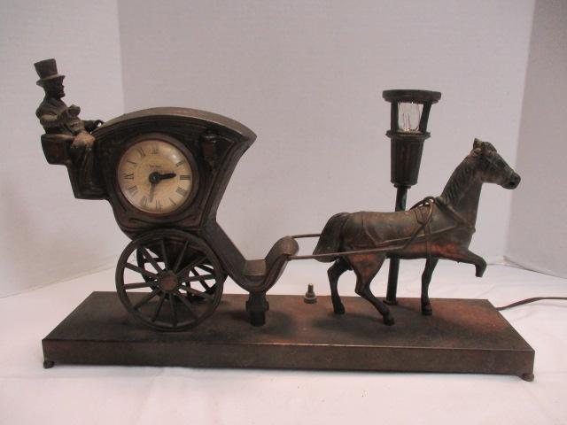 Midcentury United Animated Cast Metal Horse Drawn Carriage Electric TV Lamp Clock