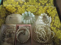 Two Covered Cigar Boxes of Beaded Necklaces and Faux Pearls