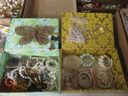 Two Covered Cigar Boxes of Beaded Necklaces and Faux Pearls