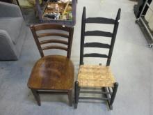Oak Side Chair and Ladder Back Rocker with Woven Seat