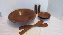 7 Piece Midcentury Wood Salad Set with Servers and Salt/Pepper Shakers
