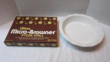 Stoneware Pie Plate Baker and Litten Micro-Browner Steak Grill in Original Box
