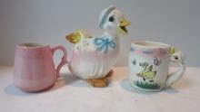 Vintage "Mother Goose" Pottery Creamer, Goose Handle Cup and "Mother" Cup