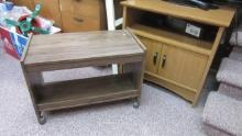 Dark Wood Finish Microwave/TV Cart and Light Wood Finish Media Stand