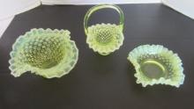 Yellow Uranium/Vaseline Glass Basket, Footed Ruffle Dish and Bowl