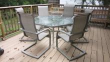 Hexagonal Patio Table and Six High Back Cantilever Armchairs