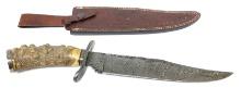 Large 16” Damascus Bowie Hunting Knife with Knobbed Wood Grip and Leather Sheath