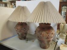 Pair of 1992 Causal Lamps Pottery Lamps with Fruit Cluster Relief Design