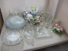 Half Table Lot-Clear Glassware, Plates, Serving Pieces, Mirrored Table Runner, etc.