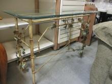 Metal Bamboo Look Glass Top Console Table with Applied Ivy Accents