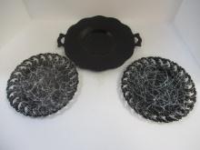 Two White Splatter Design Black Glass Plates and Tab Handle Black Glass Tray