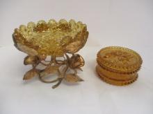 Amber Hobnail Trinket Box with Acorn Cluster Design and Midcentury