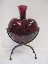 Heart Shape Art Glass Vase with Metal Stand
