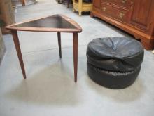 Black Faux Leather Beanbag Ottoman and Midcentury Style Triangle Accent Table