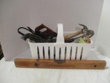 Plastic Basket of Tools - Hammers, Screwdriver, Saw, Electric Knife Sharpener,