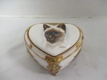 Hand Painted Derick Bown "Siamese Cat" Heat Shape Jewelry Music Box