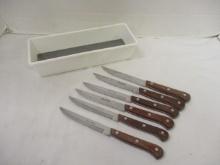 6 Medallion Stainless Steak Knives with Wood Handle in Plastic Tray