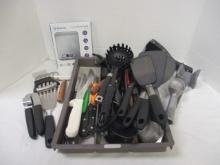 Large Lot of Kitchen Utensils, Knives, Scale, Spoons in Drawer Tray