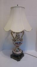 Vintage Pierced Majolica Urn Lamp with Brass Dolphin Base