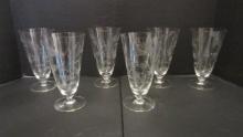 Six Etched Crystal Footed Goblets