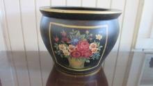 Hand Decorated Black and Gold Terra Cotta Planter with Floral Motif