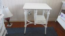 Vintage Painted White Wicker Table with Woven Top and Shelf