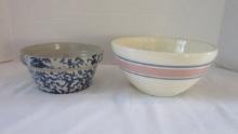 Vintage Spongeware Mixing Bowl and Stoneware Pink/Blue Stripe Mixing Bowl