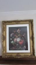 Floral Still Life Lithograph Print in Painted Gold Frame