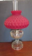 Antique Aladdin Oil Lamp with Cranberry Diamond Dot Satin Glass Shade
