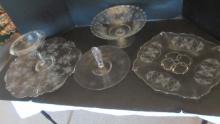 Vintage Etched Clear Glass Hostess Serving Pieces