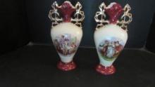 Pair of Victorian Scene Porcelain Urn Vases