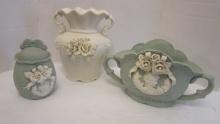 Green Bisqueware Cameo Console Bowl and Lidded Jar and Bisqueware Urn Vase