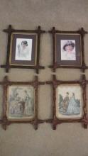 Two Pair of Vintage Leaf Applique Frames with Victorian Scenes and Victorian Ladies