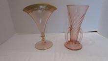 Two Pink Depression Glass Footed Vases