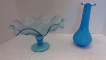 Turquoise Cased Bud Vase and Footed Pedestal Ruffle Console Bowl