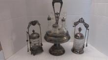 Victorian Silverplated Condiment Caddy and Two Pickle Casters with Tongs