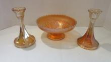 Iridescent Marigold Footed Bowl and Pair of Candlesticks