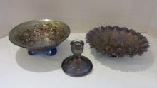 Two Blue Iridescent Bowls and Imperial Glass Candlestick