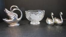 Crystal Footed Bowl with Frosted Swans, Pair of Silverplated Swan Candleholders and
