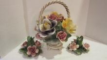 Large Capodimonte Porcelain Flower Basket and Pair of Candleholders