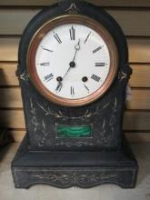 Antique French Slate and Marble Mantle Clock with Brass Lion Head Handles