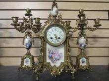 Antique French Hand Painted Scenic Garniture Clock Set