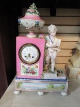 Antique Hand Painted French Porcelain Figural Mantle Clock